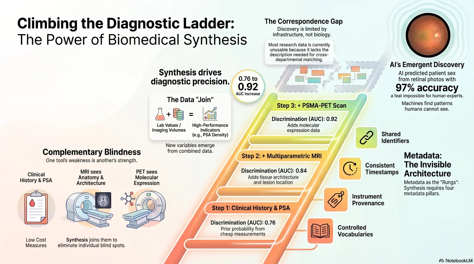 Visual explainer titled Climbing the Diagnostic Ladder: The Power of Biomedical Synthesis